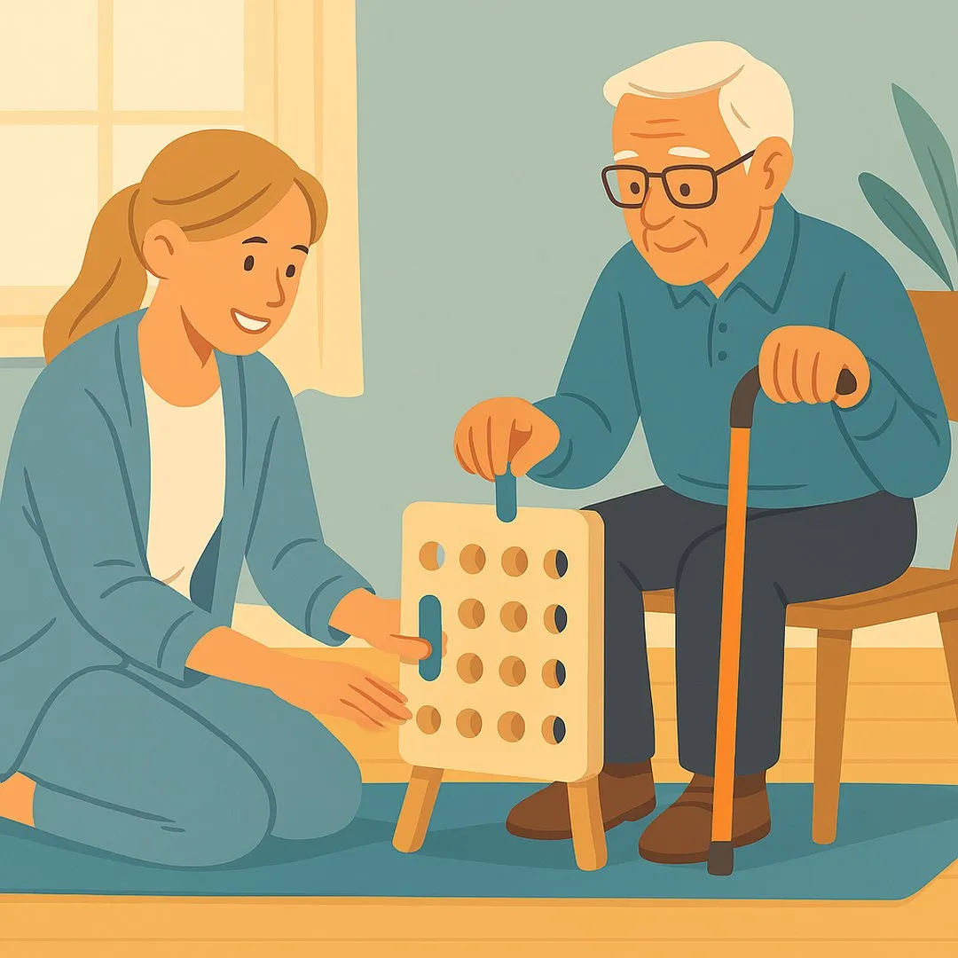 Paciente em reabilitação funcional com terapeuta ocupacional