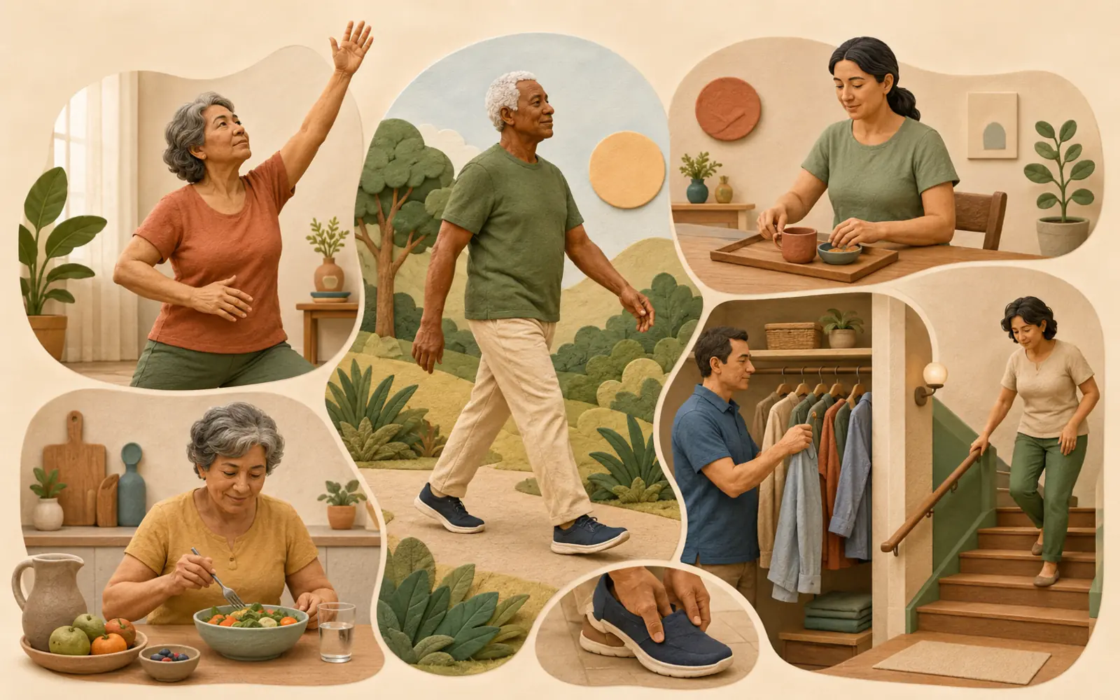 Ilustração sobre autonomia nas atividades diárias com Parkinson