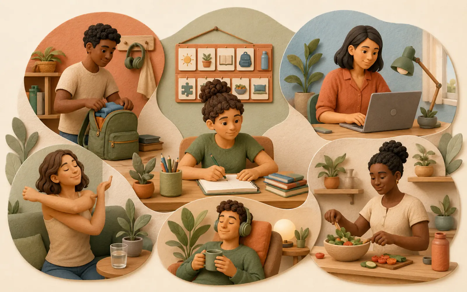 Ilustração sobre organização e participação cotidiana no TDAH